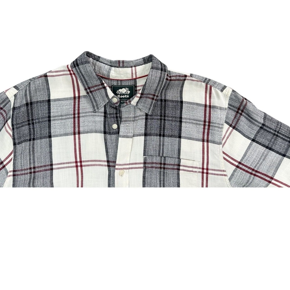 Roots Mens XL Short Sleeve Plaid Button Down Shirt White‎ Grey Burgundy Relaxed